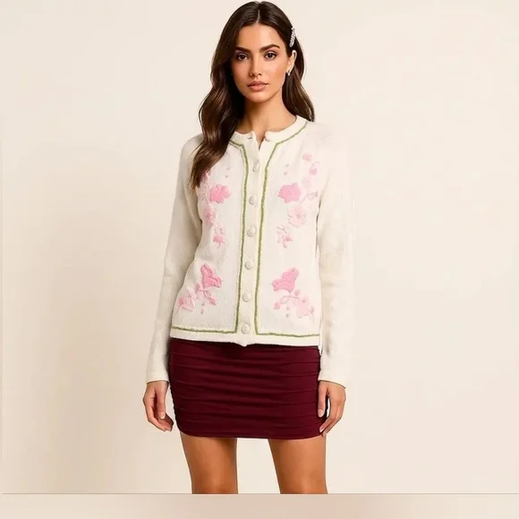Vintage White Knit Cardigan Pink Embroidery Korea - Picture 12 of 12